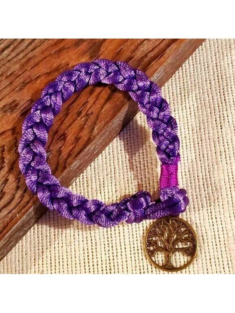 Braided Royal Purple Silk Antique Brass Tree of Life Charm Button Bracelet